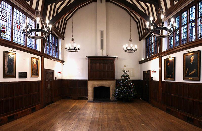 Barnard's Inn Hall including chandeliers and stained glass windows