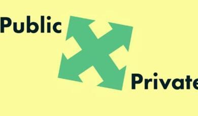 4 way arrow icon with public in one direction and private in another, on yellow background