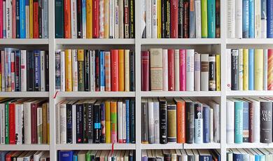 Floor to ceiling shelves filled with books