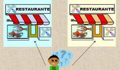 two shops with a cartoon trying to decide which one to choose