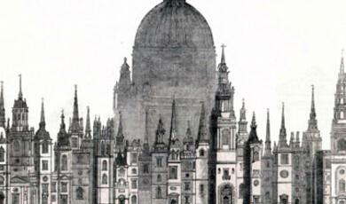Black and white drawing cityscape of London with shadowed dome of St Paul's in background