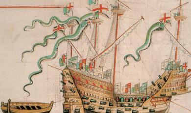 contemporary picture of the Mary Rose with flags unfurled