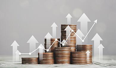 Piles of coins emitting white arrows pointing upwards