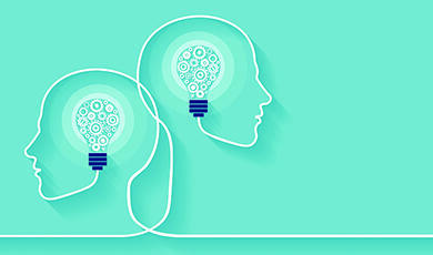 a drawing of two heads and lightbulbs visible inside their heads