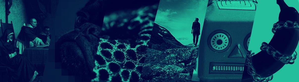 Stylised blue-green photos of a monk, a pixellated dog, a close-up spore, a person on a hill, a toy robot and a banana wrapped in chains