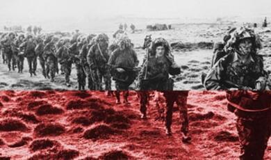 Line of British soldiers with red and white overlay