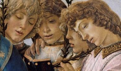 Painting of group of people looking at book and singing