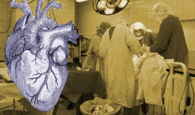 yellow tinted image of a surgical theatre and a heart