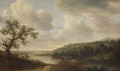 painting of river winding through hills