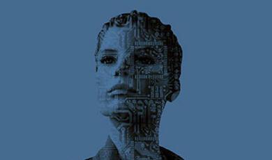 Female face with circuit board pattern overlaid