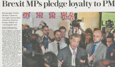 Newspaper article with title "Brexit MPs pledge loyalty to PM"