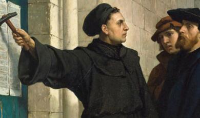 A painting of Martin Luther nailing a sheet of paper to a church door