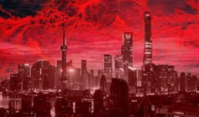 City skyline under red sky