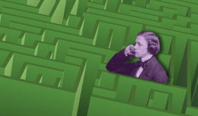 Graphic of Lewis Carroll inside green maze