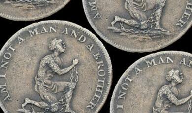 Anti-slavery coins from the 1800' with a slave man praying on the front