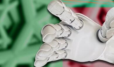 Robotic hand on textured green and red background