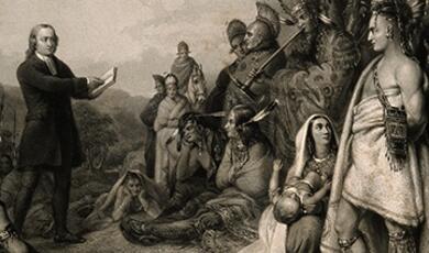 John Wesley preaching to native American Indians. Engraving