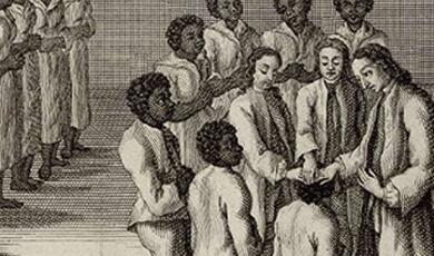 1762 engraving of European white Christians praying with slaves