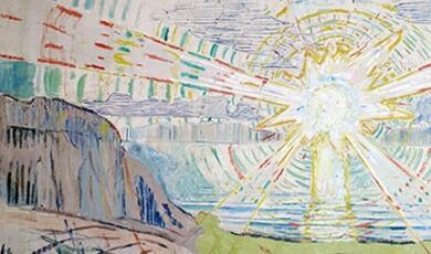 surreal painting of sun, mountain, sky and field