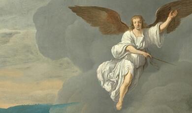 a mirrored image of an angel appearing in the smoke of a fire, with onlookers cowering beneath