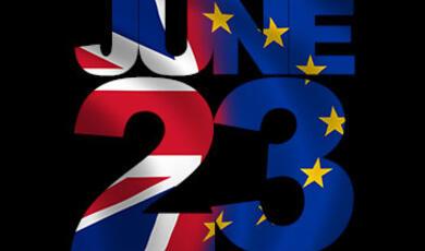 A graphic of the words 'June 23' with the Union Jack and European Union flag inset