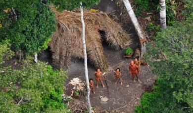 Remote Brazilian tribe in forest clearing photographed from the air