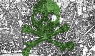 a map of london with a green skull and cross bones over the top
