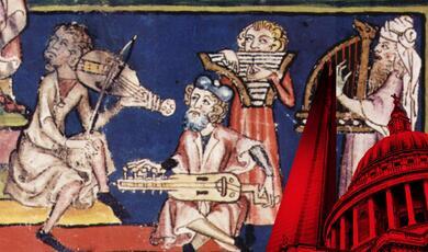 King David with scribe and musicians (illumination from a manuscript in the Zentralbibliothek Zürich).