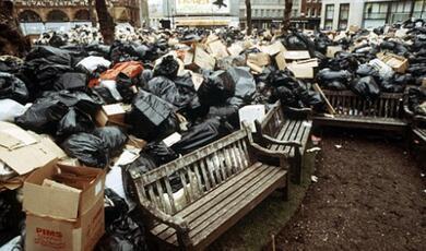 Rubbish bags pile around benches during binman strike