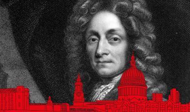 Black and white image of Christopher Wren with London cityscape in forground