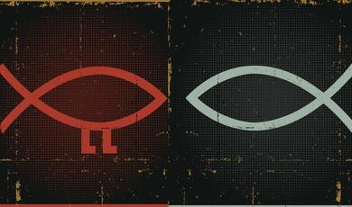 neon Christian fish symbols, one with legs