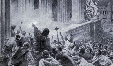 Drawing of crowd besegeing the library of Alexandria