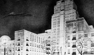 black and white image of 1930's style Senate House, University of London