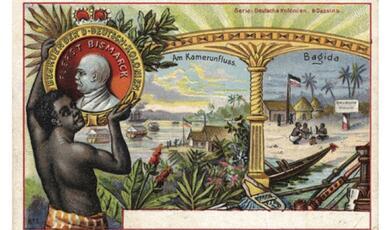 German colonial postcard showing Cameroon and native holding image of Bismarck