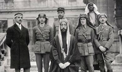 Black and White photo of Emir Faisal's delegation at the Paris Peace Conference of 1919 including T. E. Lawrence