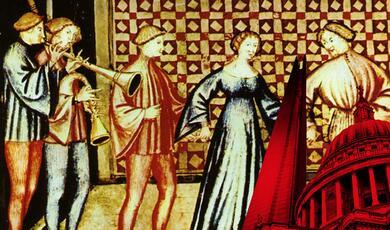 a painting of a group of medieval musicians