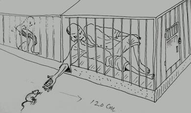 Black and white cartoon of prisoner reaching out of cage to give food to a mouse