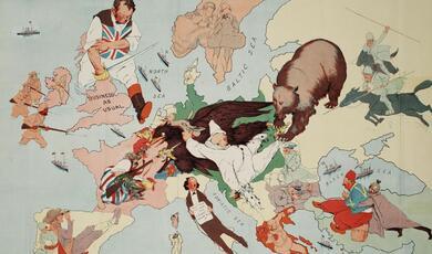 Satirical cartoon map of Europe with combatants as national caricature such as a Russian bear