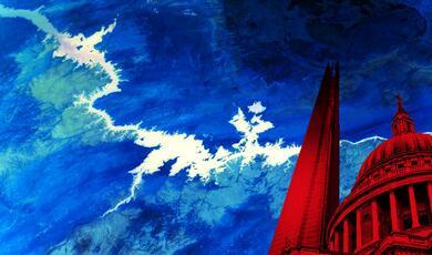 a colourised satellite image of a river with an image of st paul's cathedral in red