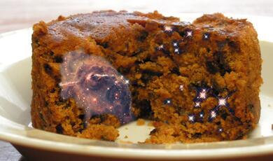 raisin pudding with image of space superimposed on top