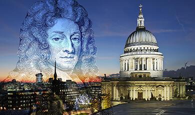 Sir Christopher Wren against St Pauls Cathedral backdrop