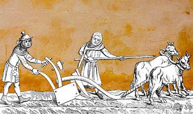 medieval figures with plough overlaid on a orange background