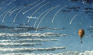 Illustration of hot air balloon in evening sky observing shooting stars