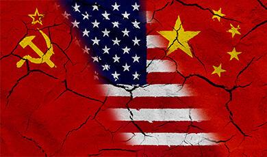 Image divided into diagonal thirds showing USSR, USA and China flags