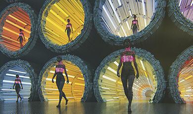futuristic cyborgs walking through tunnels