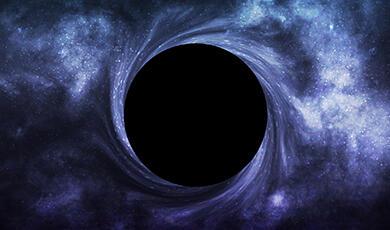 Solid black circle surrounded by swirling particles