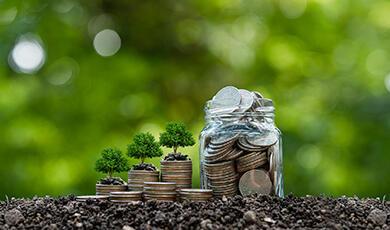 miniature trees sit on top of a pile of coins next to a jar full of coins