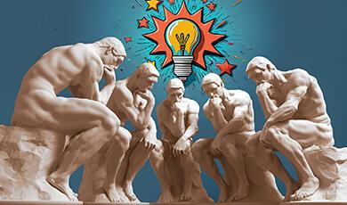 five statues below a cartoon image of a lightbulb