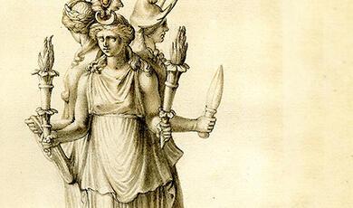 Triple-bodied statue of Hecate holding torches