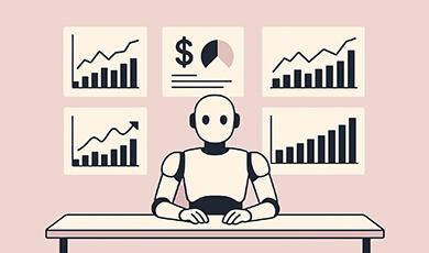 Robot at a desk surrounded by financial charts and graphs